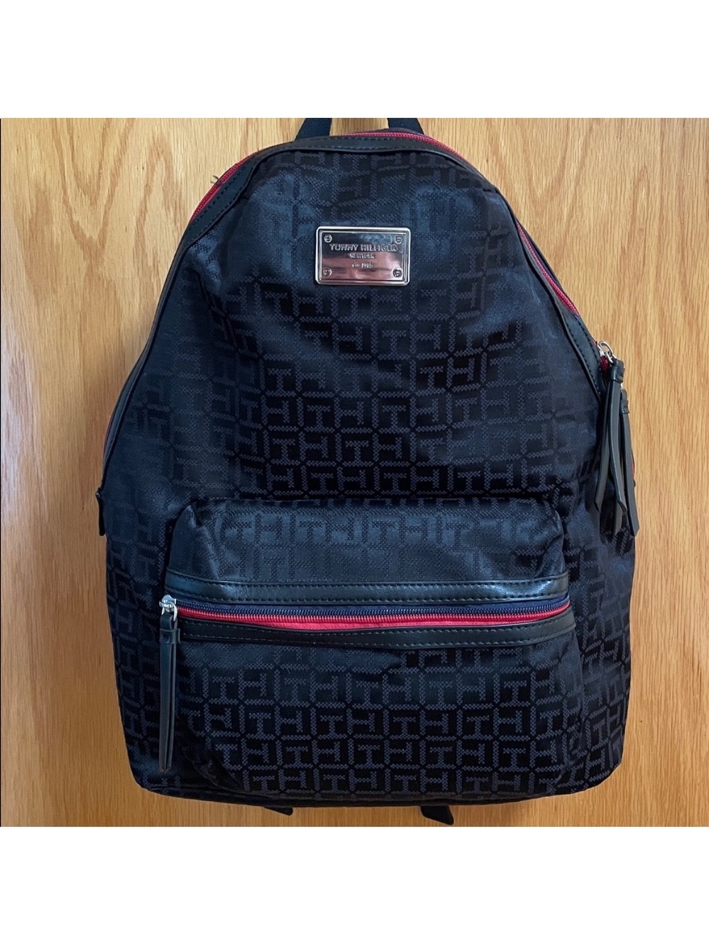 NWT Tommy Hilfiger Black Backpack with Red Trim and Logo Jacquard